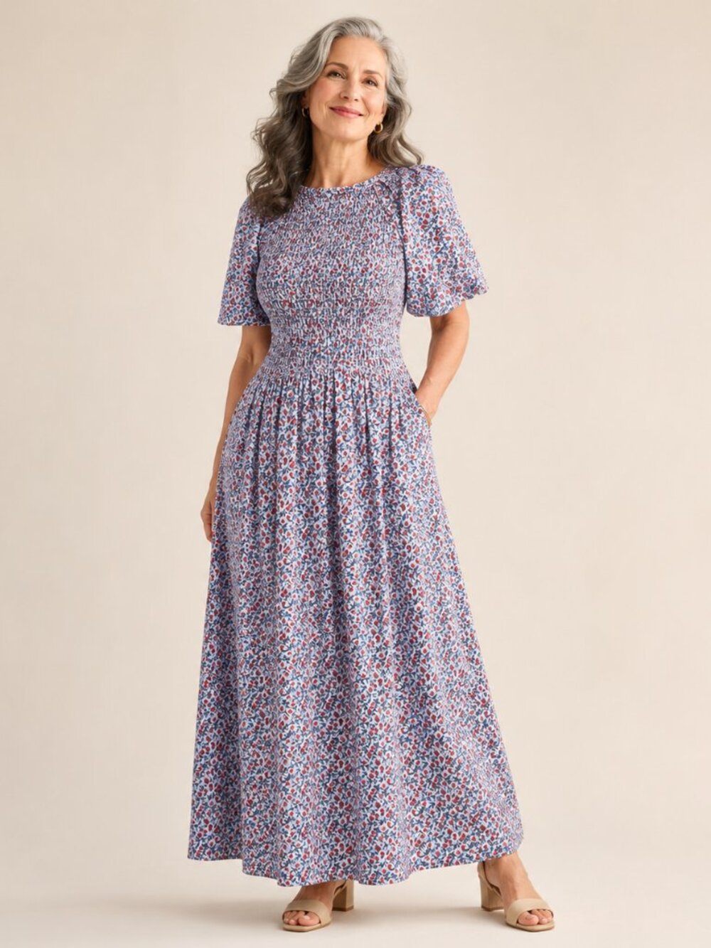 J.Crew Floral Poplin Meadow Smocked Puff Sleeve Pocket Maxi Dress Sz ST
